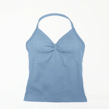 Gym Longline Strappy Top Women Seamless Yoga Tank with Removable Pads V Neck Workout Clothes Sports Running Fitness Vest