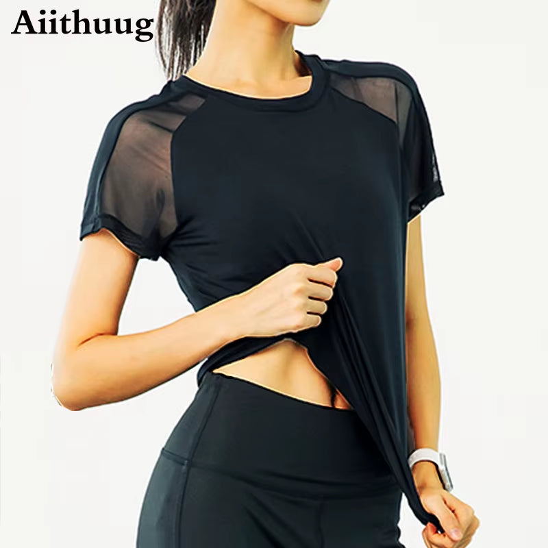 Aiithuug Short Sleeve Workout Tops for Women Stretchy Slim Fit Running Sports Shirts Dry Fit Mesh Yoga Gym Top Fit T-Shirt Mois