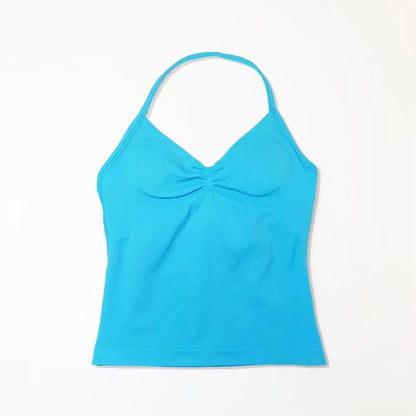 Gym Longline Strappy Top Women Seamless Yoga Tank with Removable Pads V Neck Workout Clothes Sports Running Fitness Vest