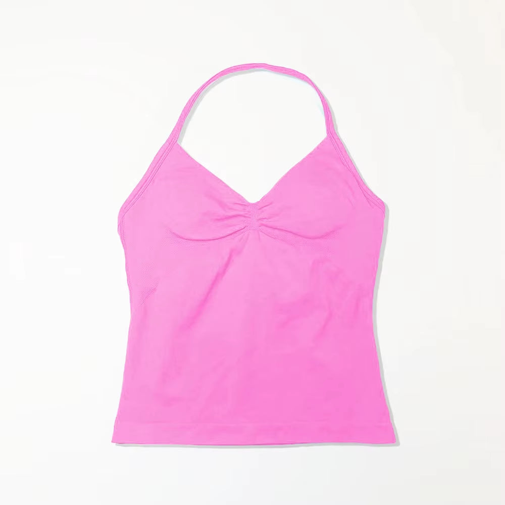 Gym Longline Strappy Top Women Seamless Yoga Tank with Removable Pads V Neck Workout Clothes Sports Running Fitness Vest