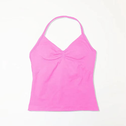 Gym Longline Strappy Top Women Seamless Yoga Tank with Removable Pads V Neck Workout Clothes Sports Running Fitness Vest